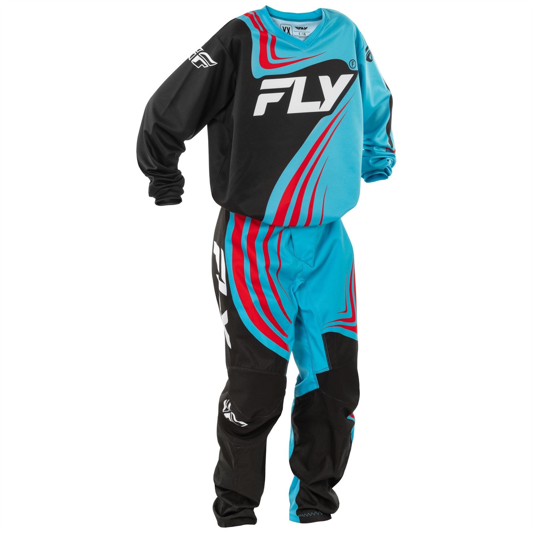 Fly Racing 2025 Motocross Combo Kit F-16 Youth Cyan Black Red